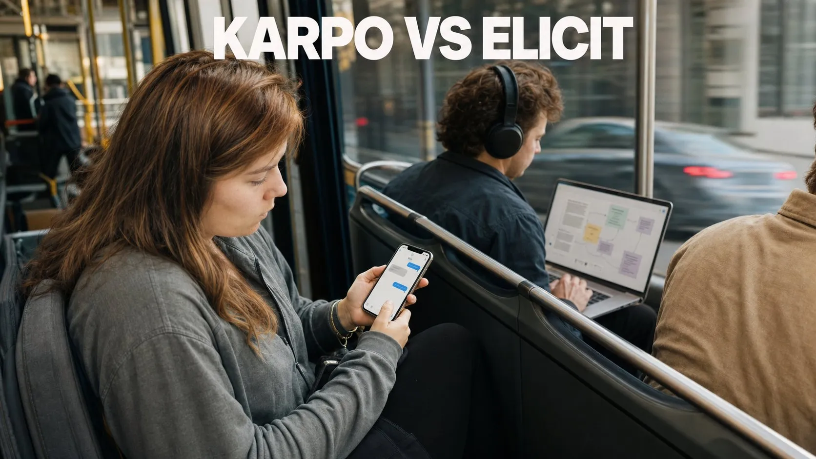 Photorealistic Karpo versus Elicit comparison using a street transit composition