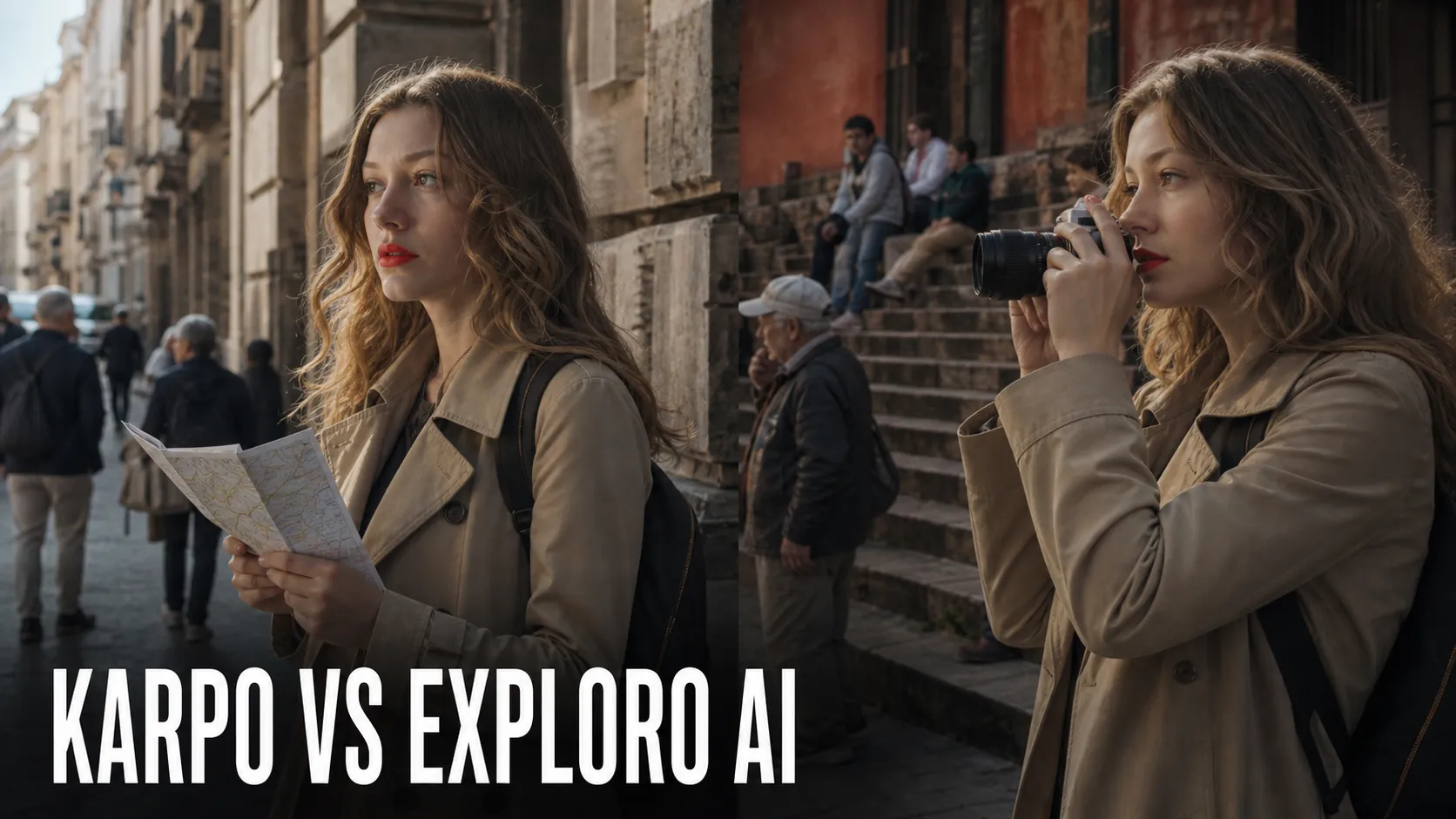 Karpo versus Exploro AI in a photorealistic editorial comparison.