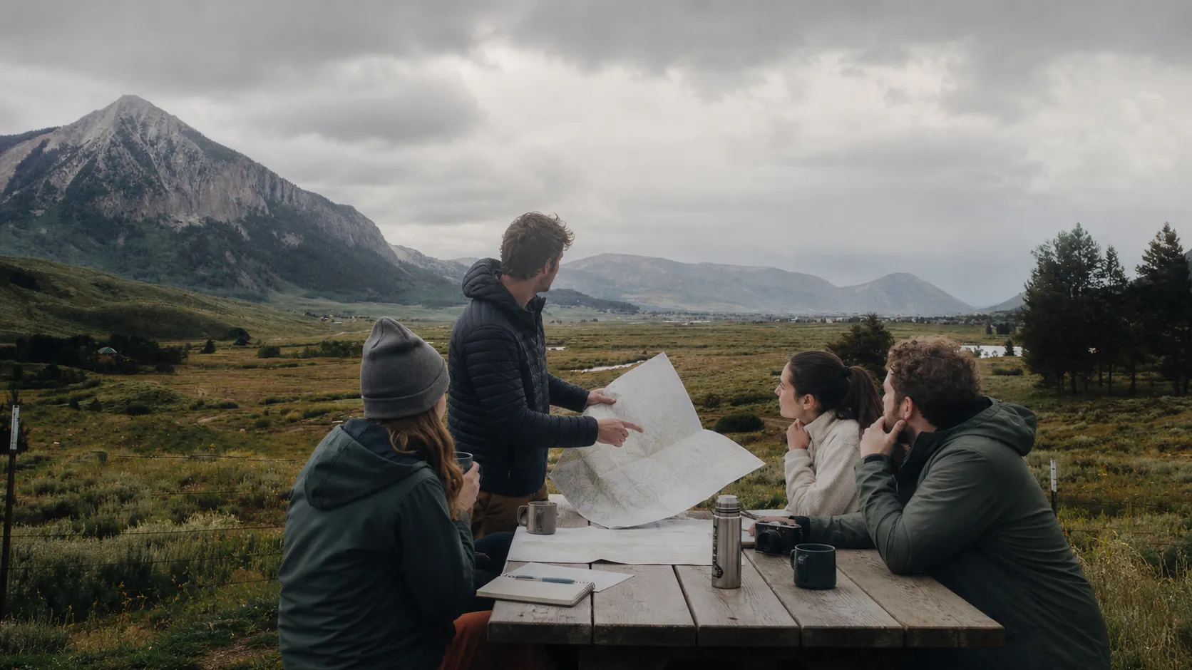 Photorealistic group decision scene showing when to use Karpo and when to use Granola.