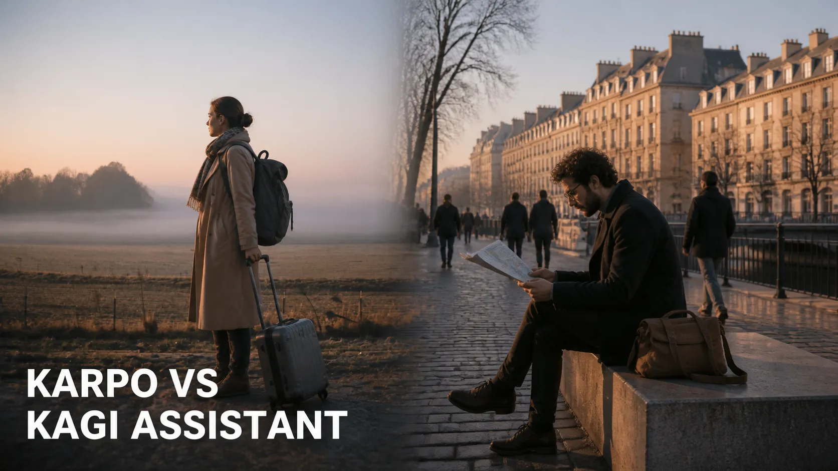 Karpo versus Kagi Assistant in a photorealistic editorial comparison.