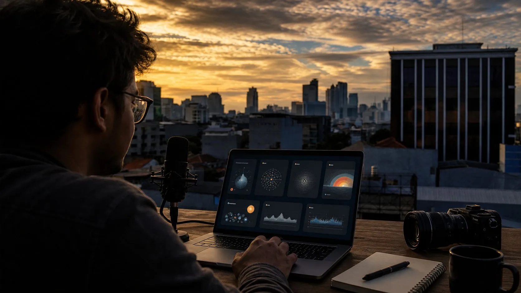 A photorealistic AI search assistant work moment showing where Komo AI fits before a city decision