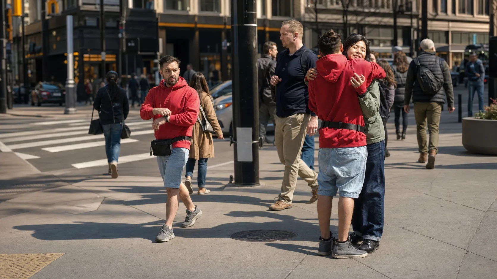 Photorealistic scene showing Karpo coordinating the wider day around Milo.