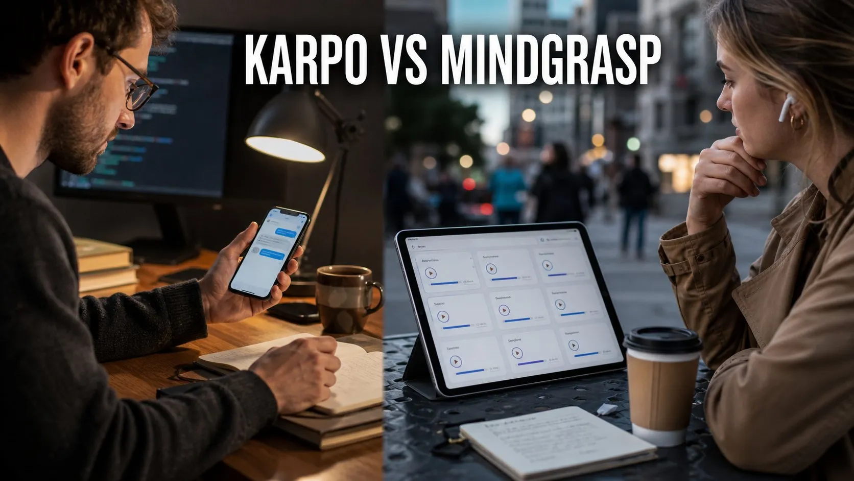 Photorealistic Karpo versus Mindgrasp comparison using a split environment composition