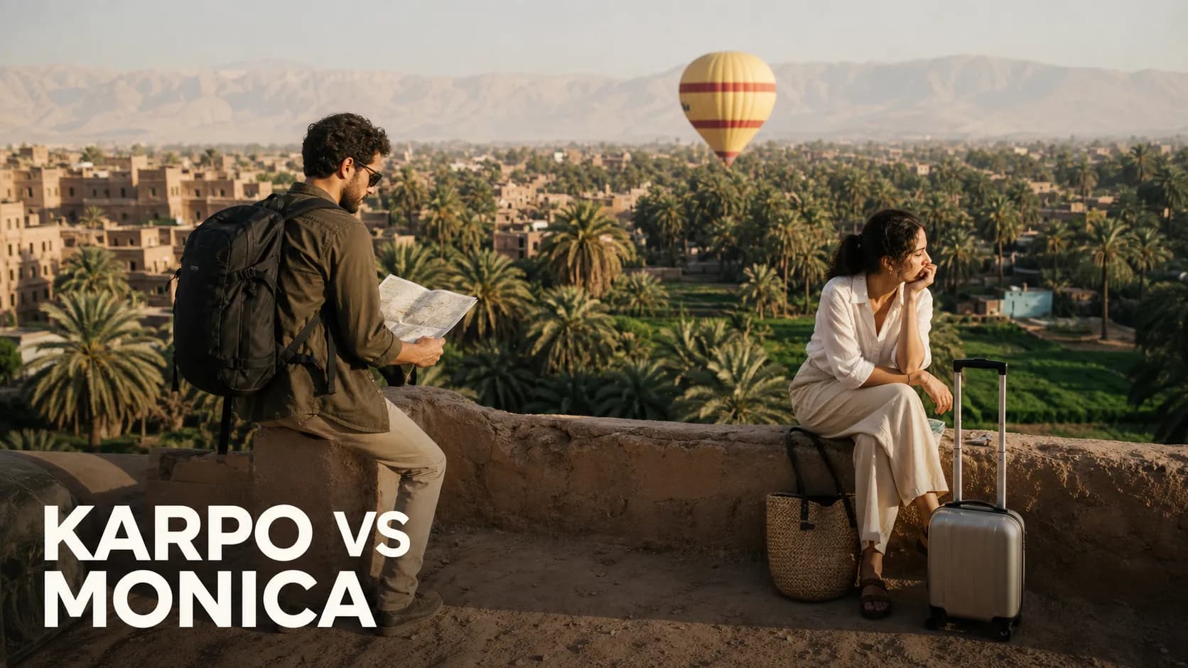 Karpo versus Monica in a photorealistic editorial comparison.