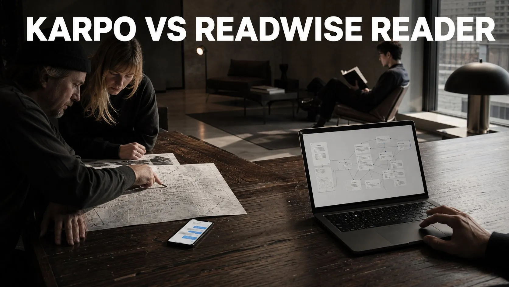Photorealistic Karpo versus Readwise Reader comparison using a public space wide composition