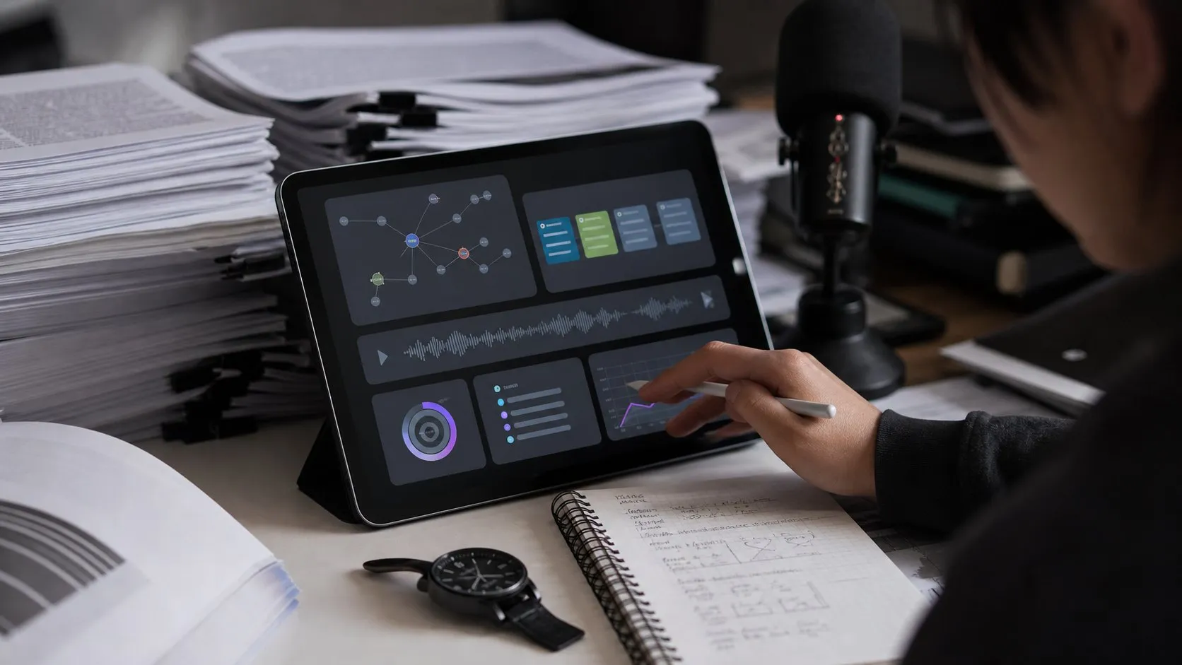 A photorealistic AI reading assistant work moment showing where Readwise Reader fits before a city decision