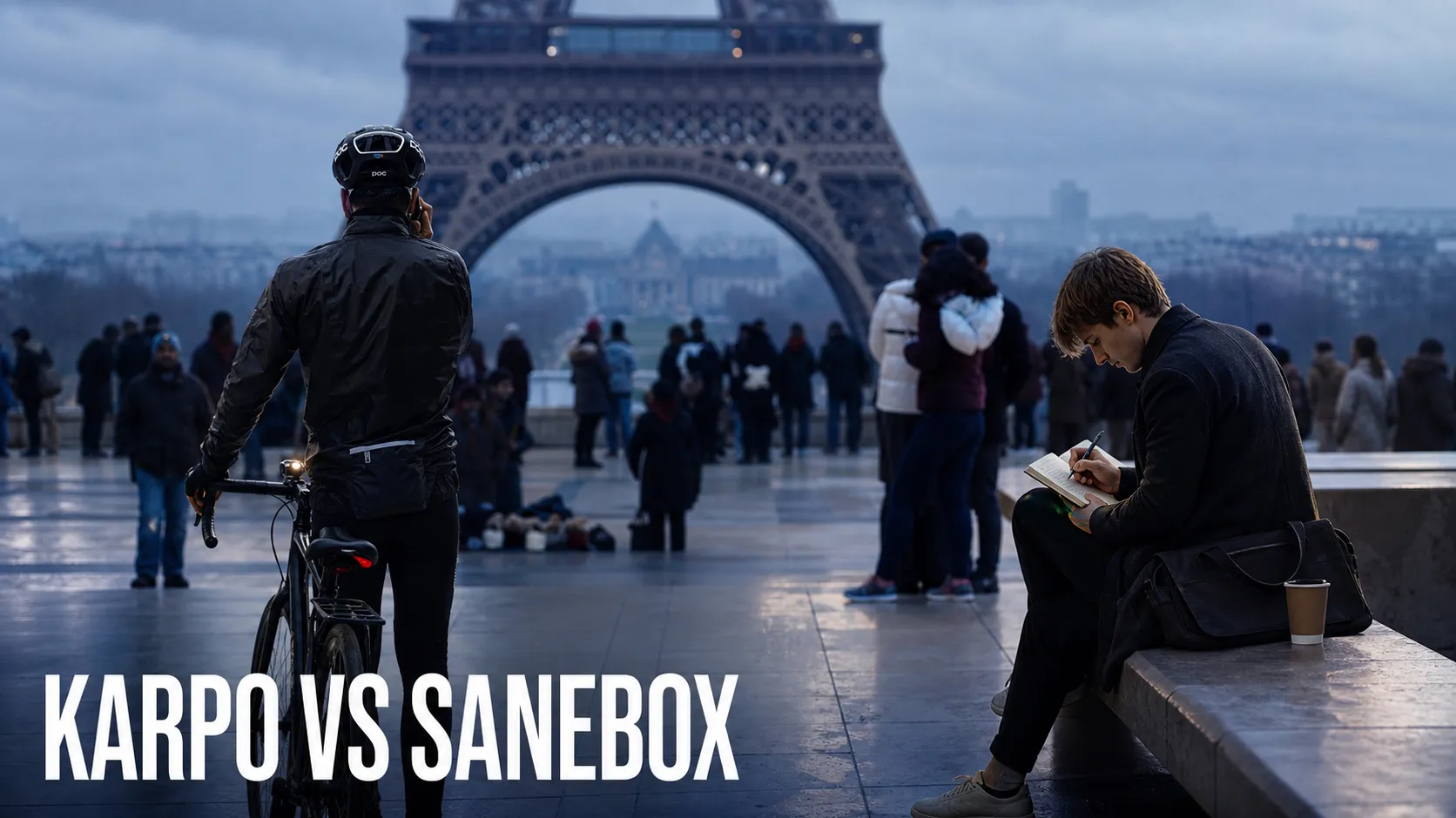 Karpo versus SaneBox in a photorealistic editorial comparison.
