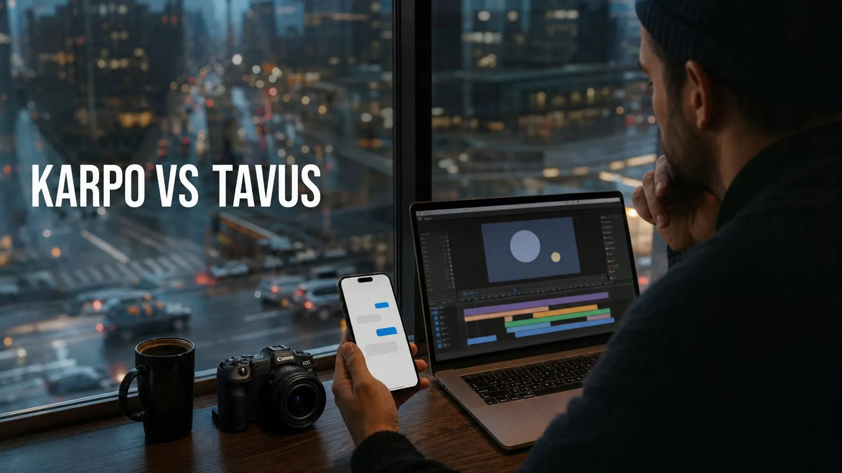 Photorealistic Karpo versus Tavus comparison using a window reflection composition