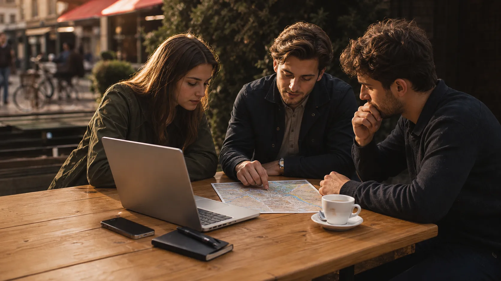 Photorealistic group decision scene showing when to use Karpo and when to use You.com.