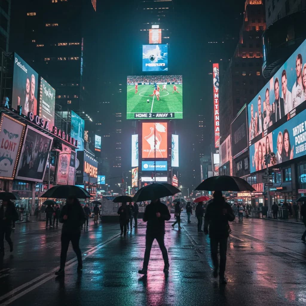 A Times Square LED screen shows World Cup content at night