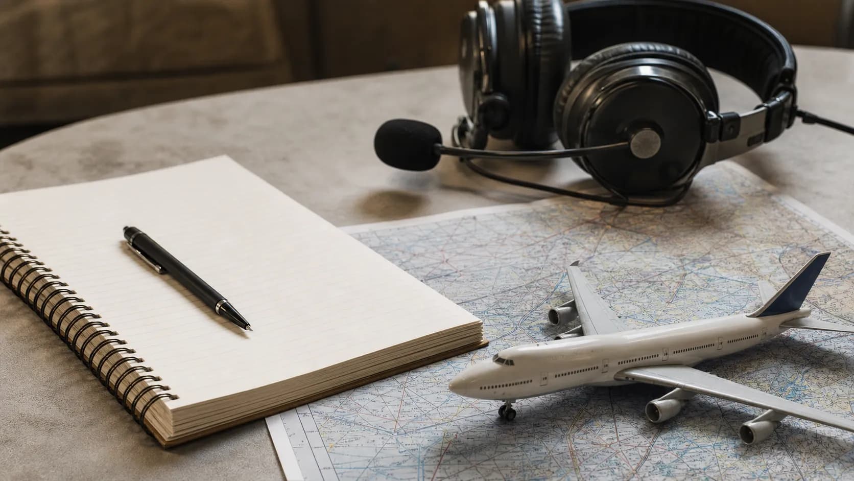 Aviation reference materials, headset and a small 747 model arranged on a table.