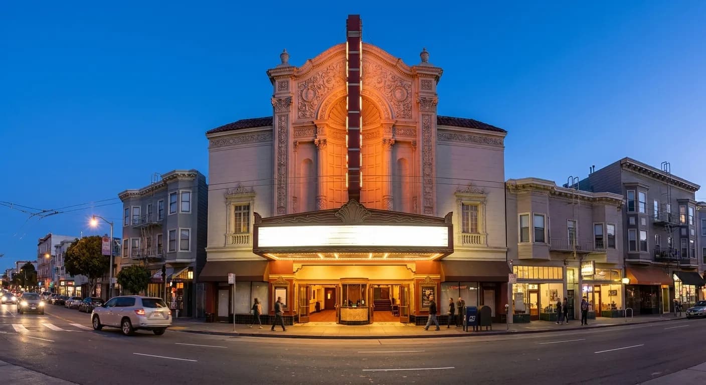 Historic New Mission Theatre building at 2550 Mission Street with marquee and entrance at dusk