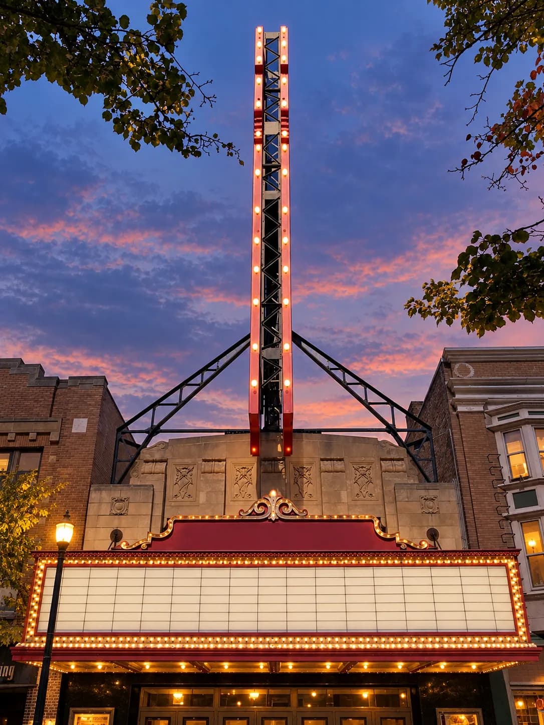 Tall vertical Art Deco theatre blade sign with a stepped geometric form and bulb sockets, rising above an ornate marquee at dusk