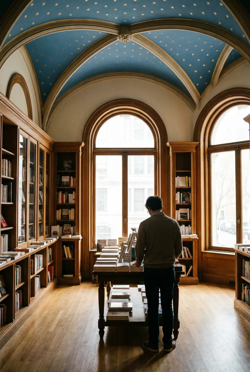 A quiet French bookstore reading room with wood shelves and a blue star-painted vaulted ceiling in New York.