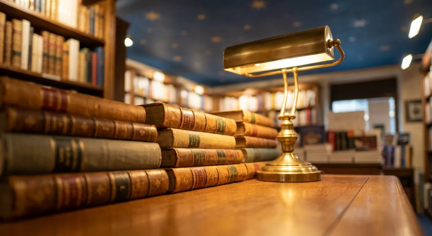 Books stacked on a wooden table inside a quiet French bookstore reading room.