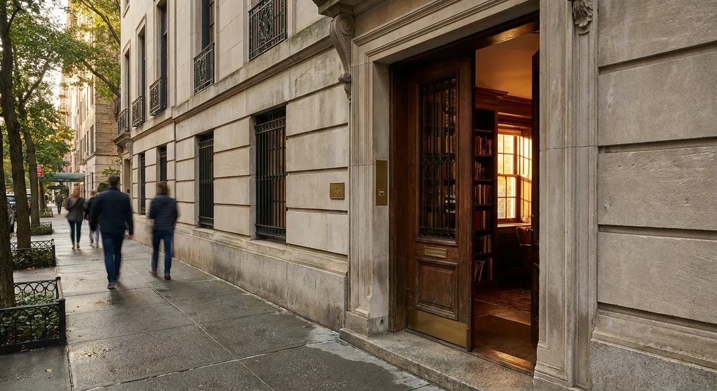 A quiet Upper East Side mansion entry leading into a small cultural bookstore.