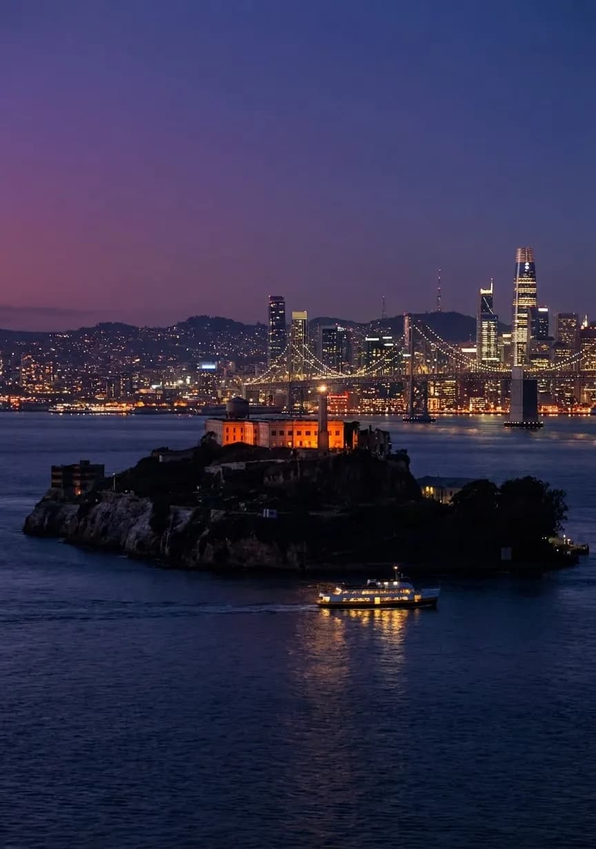Ferry approaching Alcatraz Island at dusk with the lit cellhouse visible on the hill and San Francisco skyline glowing across the dark bay