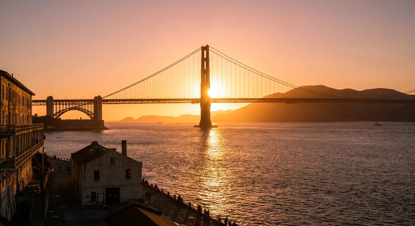 Golden Gate Bridge at sunset viewed from Alcatraz Island with the bay turning copper and the bridge silhouetted against an orange sky