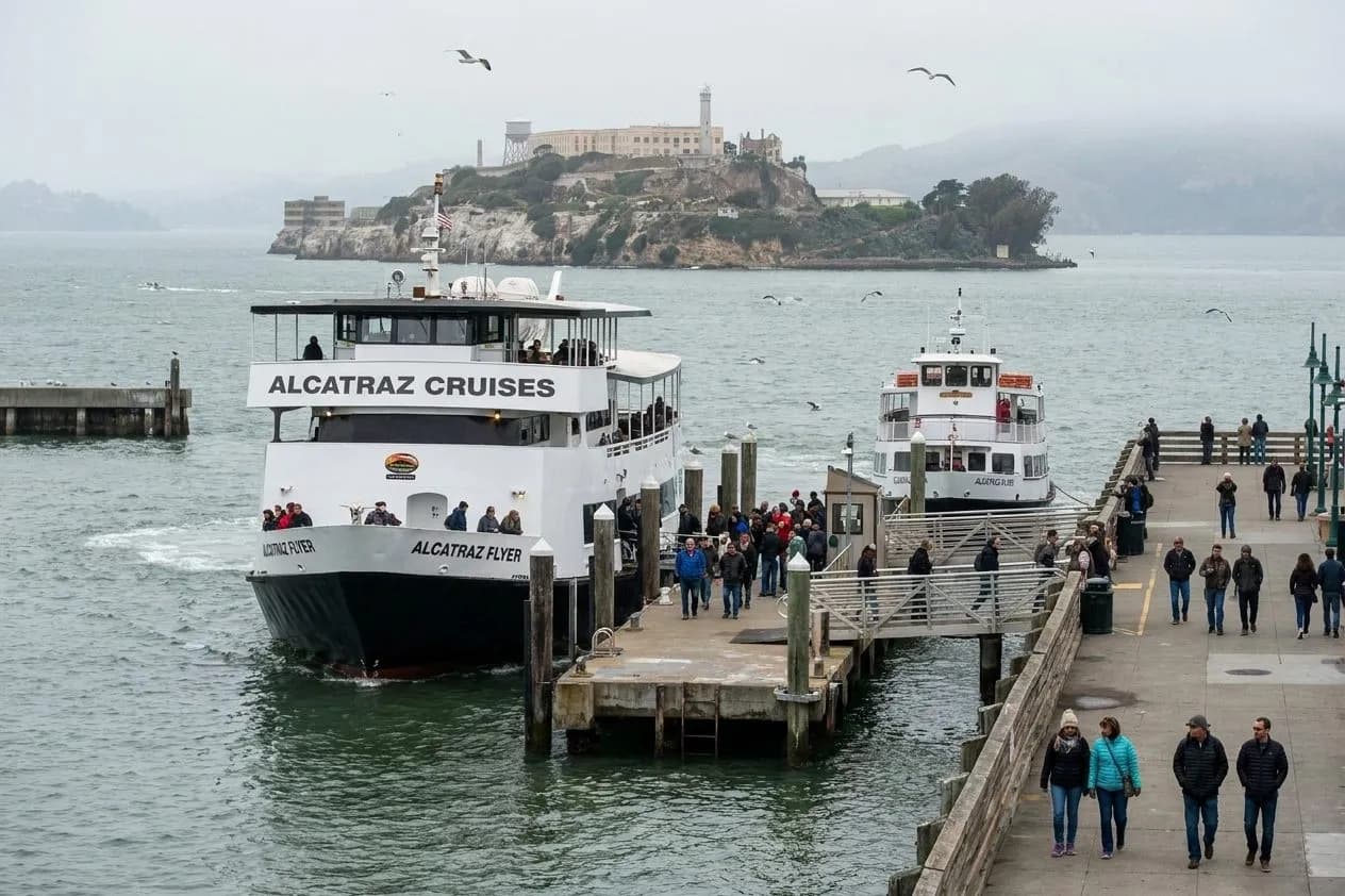 Ferry docks and waterfront activity at Fisherman's Wharf with Alcatraz in the distance