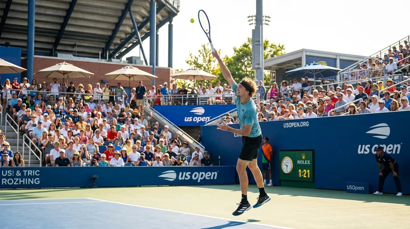 Photorealistic US Open tennis scene for Alexander Zverev’s US Open Chances After Another Major Final.