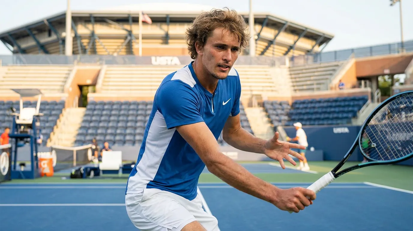 Photorealistic tennis scene illustrating Alexander Zverev’s US Open Chances After Another Major Final.