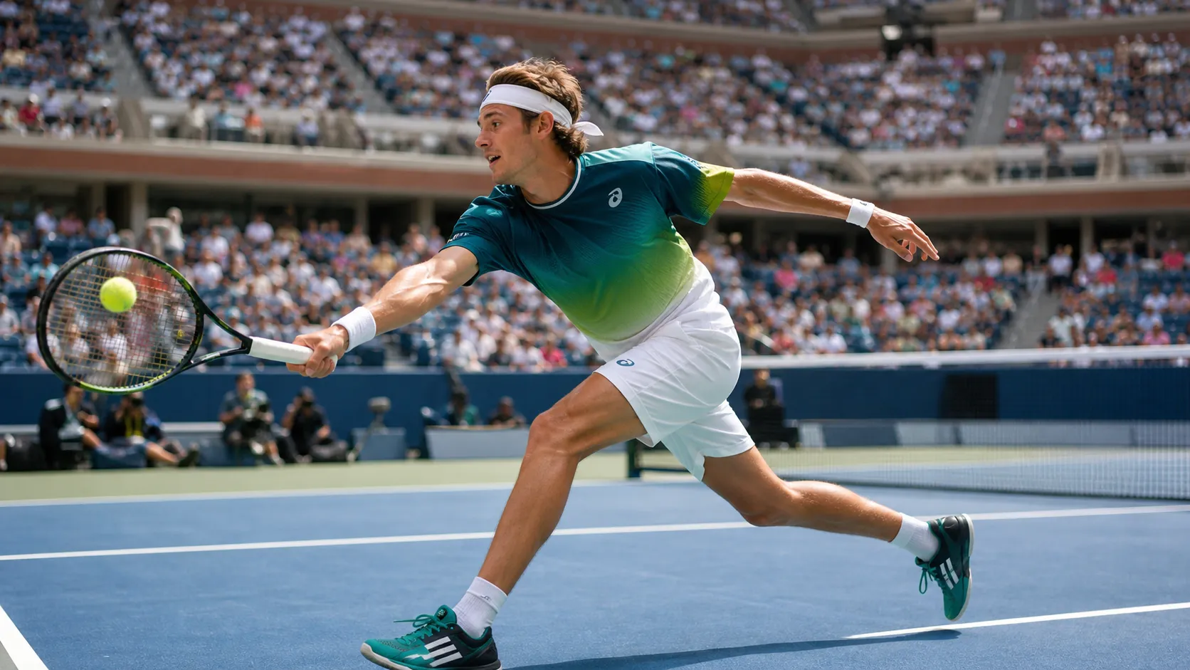 Photorealistic tennis scene illustrating Alex de Minaur’s Speed Could Reshape the US Open Draw.