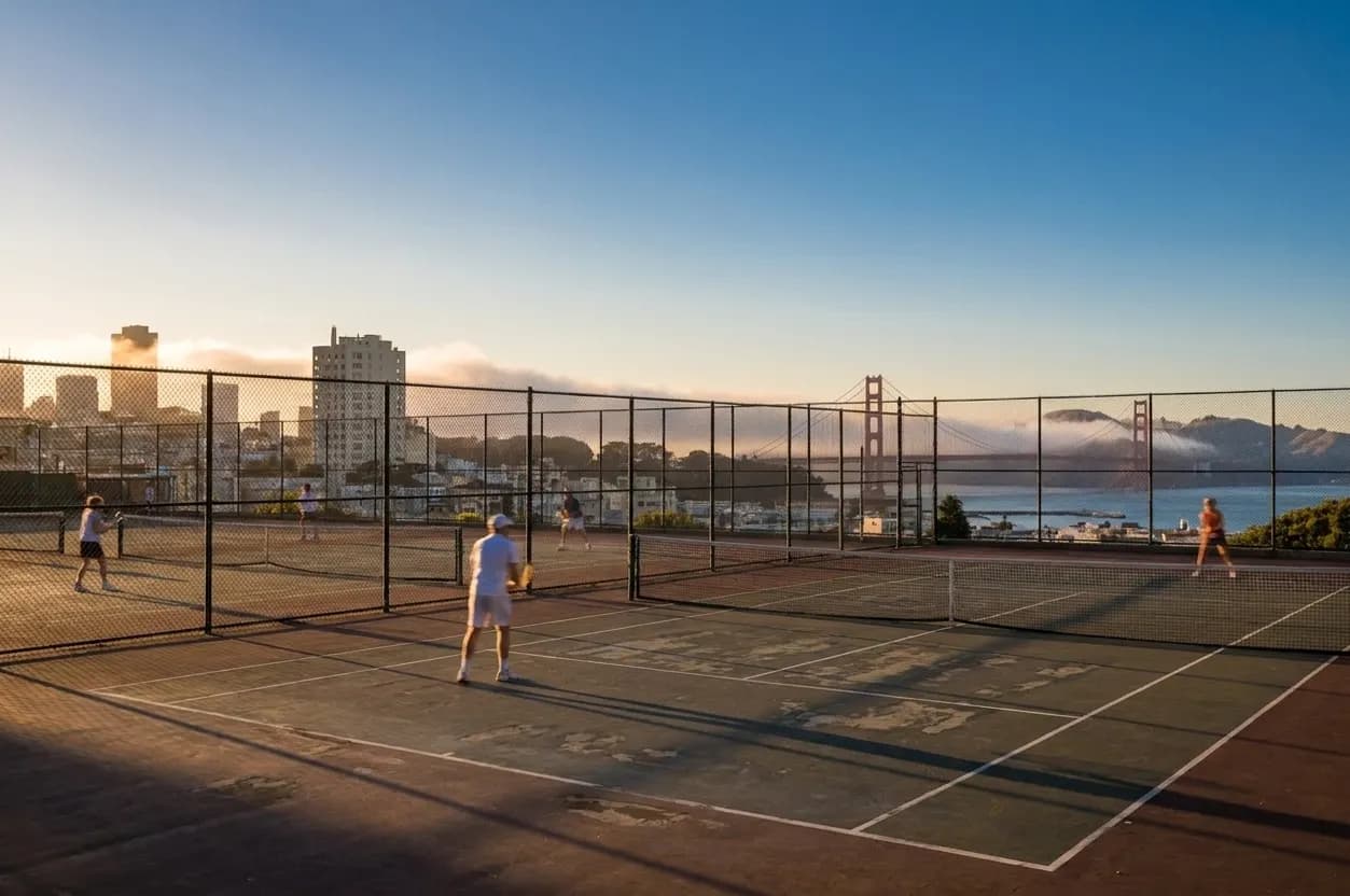Alice Marble tennis courts on Russian Hill with Golden Gate Bridge visible beyond the chain-link fence and city skyline in background