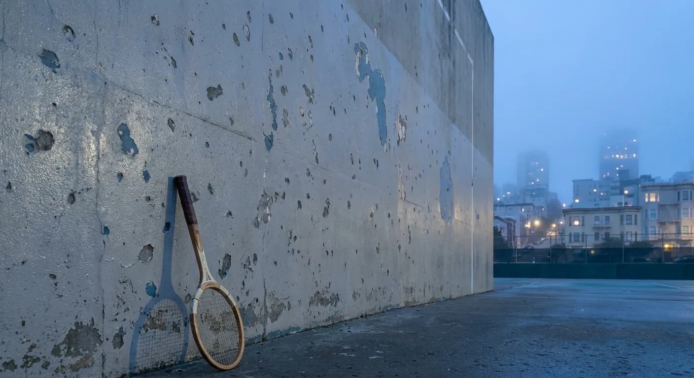 Concrete practice wall at Alice Marble courts with worn paint and ball marks, city view visible to one side