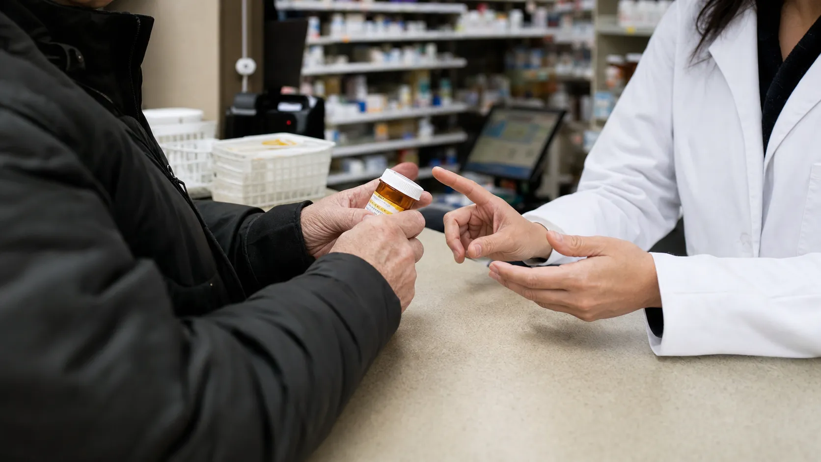 A shopper at a New York City pharmacy counter asks a pharmacist to check a medication bottle.