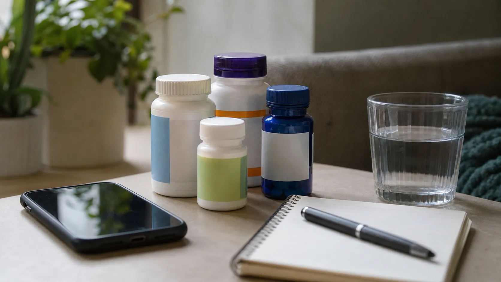 Medication bottles, a phone, and a notepad arranged on a table for a recall label check.