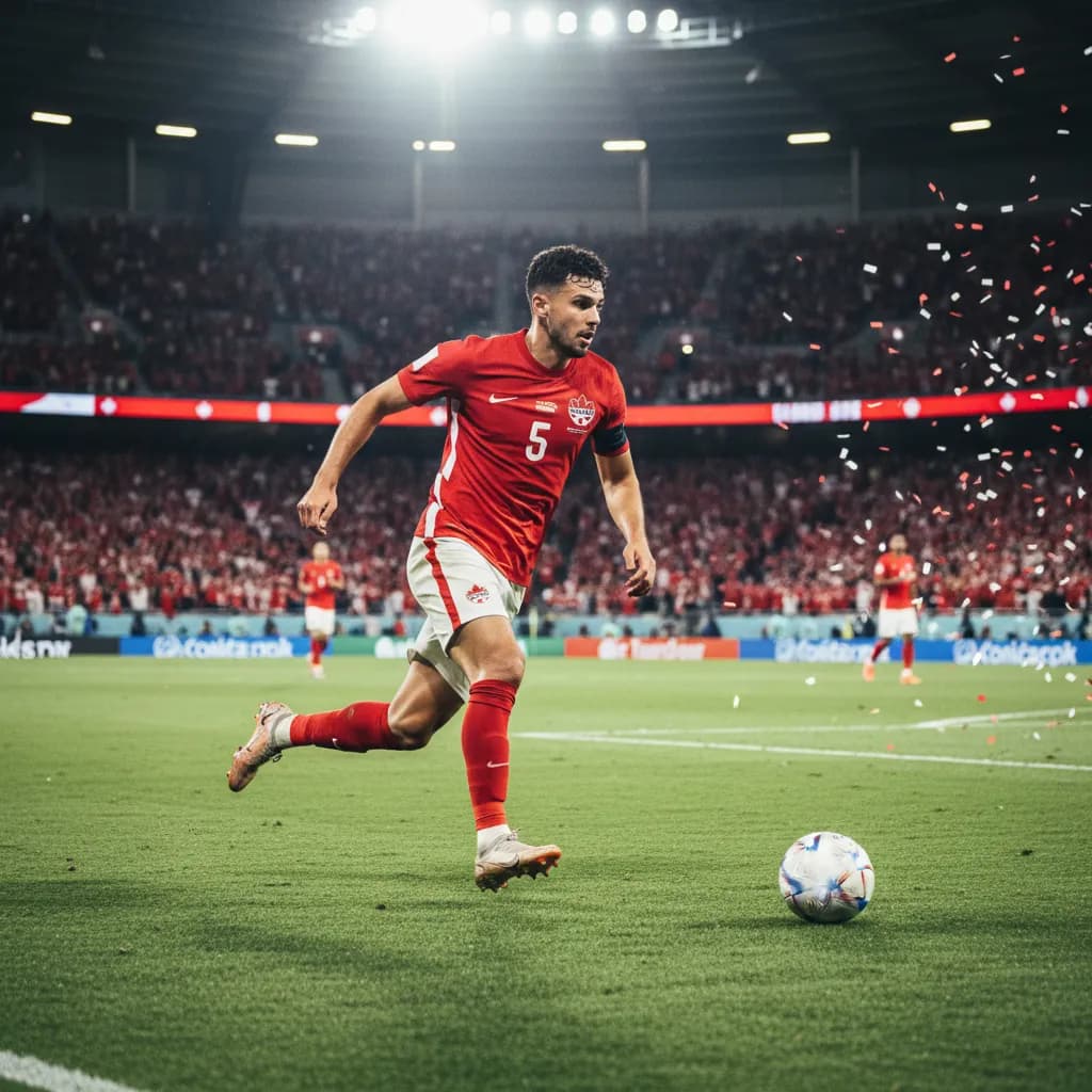 Alphonso Davies sprinting down the wing in Canada's red jersey during World Cup 2026