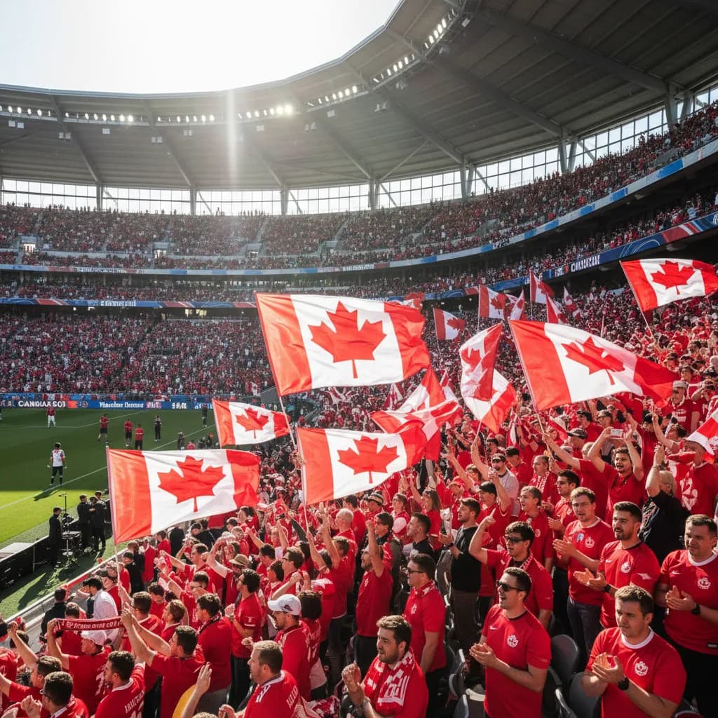 Alphonso Davies sprinting down the wing in Canada's red jersey during World Cup 2026