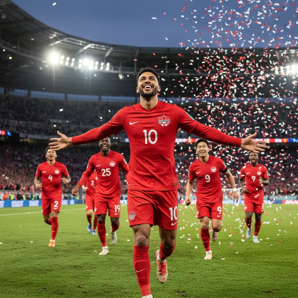 Canada fans waving maple-leaf flags in a packed Toronto stadium