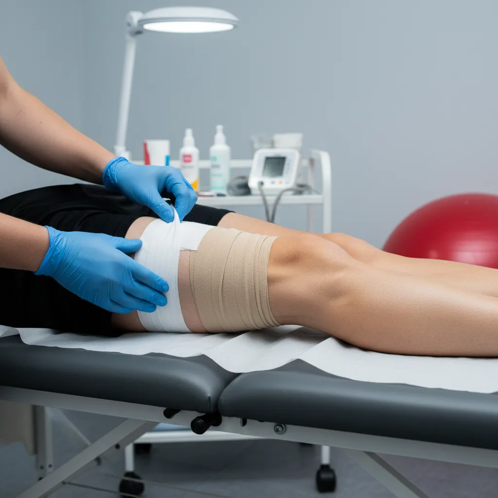 Sports medical tape being applied to a player's thigh before a World Cup match