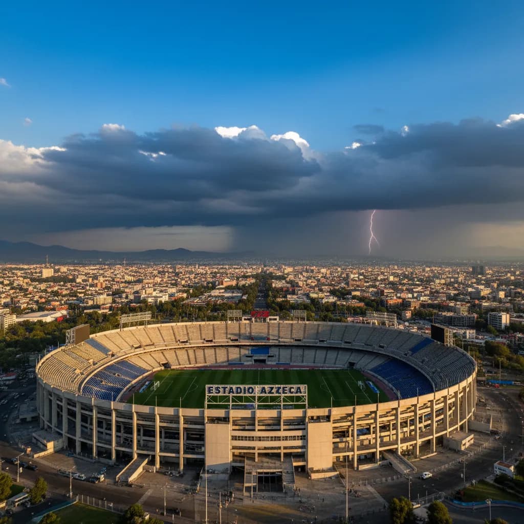 Estadio Azteca under dramatic storm clouds building behind mountains with bright sunshine below