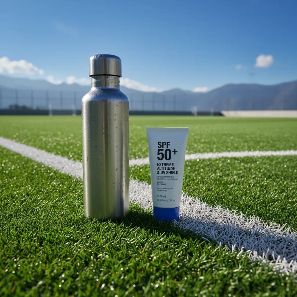 An altitude meter showing 2240 meters mounted on a wall near a soccer pitch entrance
