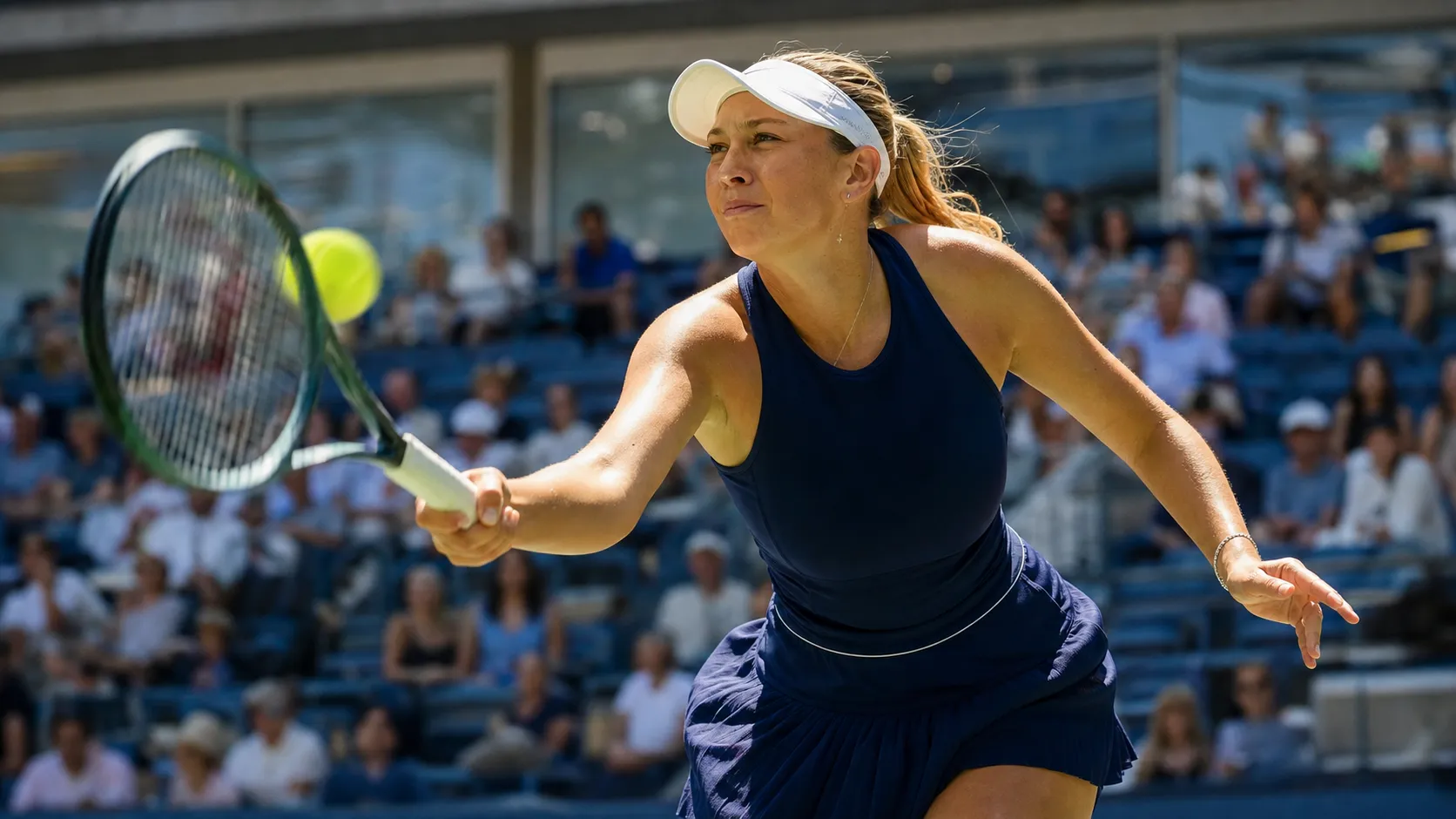 Photorealistic tennis scene illustrating Amanda Anisimova’s Power Game Could Thrive in New York.