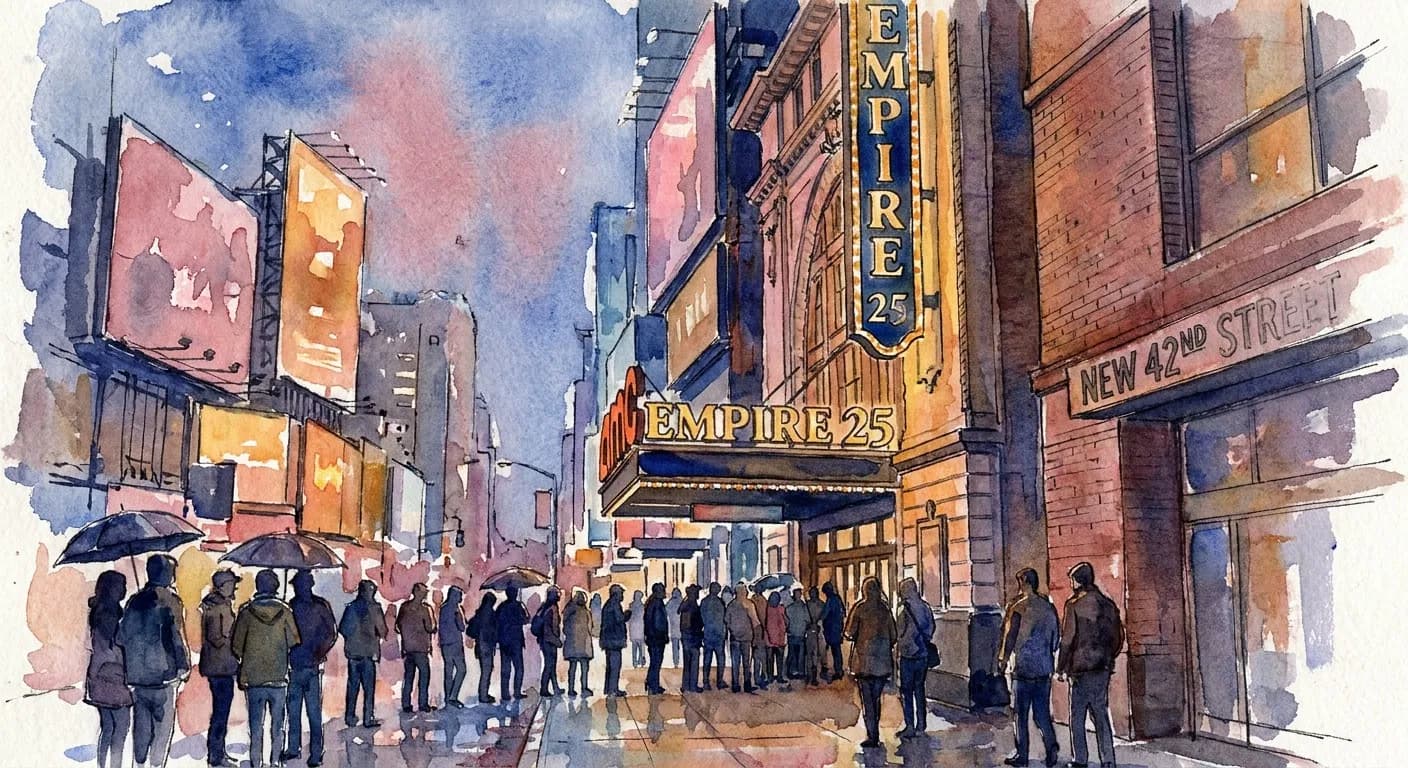 AI-generated watercolor: exterior of the AMC Empire 25 movie theater on West 42nd Street in Times Square NYC at night, the massive vertical neon marquee glowing in warm ochre and cobalt rendered impressionistically, towering Times Square LED billboards in the background flashing in dusty pink and neon ochre, ten or twelve moviegoers as pure dark silhouettes filling the sidewalk and queuing at the entrance, the New 42nd Street facade visible to the right, dusty pink and cobalt night sky
