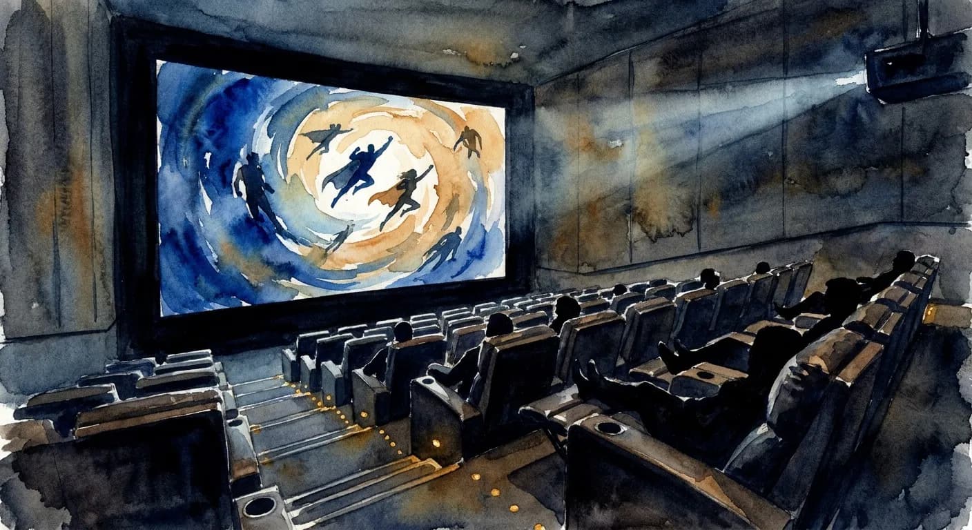 AI-generated watercolor: interior of a Dolby Cinema auditorium in NYC, the enormous black-walled screen showing an abstract scene of superheroes in silhouette against a swirling cosmic cobalt and warm ochre vortex rendered impressionistically, deeply raked leather recliner seats receding in dramatic one-point perspective, six or eight audience members as pure dark silhouettes reclined in seats, soft warm aisle lighting along the floor as small ochre glow dots, atmospheric haze from the projection