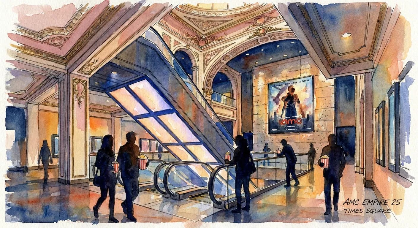 AI-generated watercolor: the multi-story atrium lobby of the AMC Empire 25 cinema in Times Square NYC with vintage 1912 restored theater details, a massive escalator ascending through warm cobalt light rendered impressionistically, a large illuminated movie poster on the back wall, five or six moviegoers as pure dark silhouettes carrying popcorn, ornate ceiling moldings in dusty pink and gold