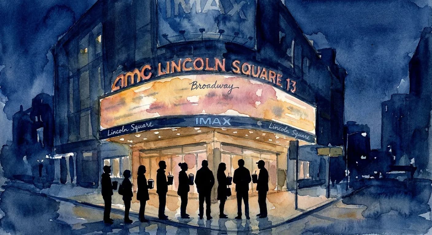 AI-generated watercolor: exterior of the AMC Lincoln Square 13 movie theater on Broadway in NYC at night, the massive marquee with bright warm ochre and neon dusty pink illumination rendered impressionistically, the iconic curved corner facade and the IMAX banner visible at the top, six or seven moviegoers as pure dark silhouettes standing in line on the sidewalk holding popcorn buckets, the surrounding Upper West Side skyscrapers as deep cobalt silhouettes against the dark sky, soft watercolor wash, silhouettes only no faces