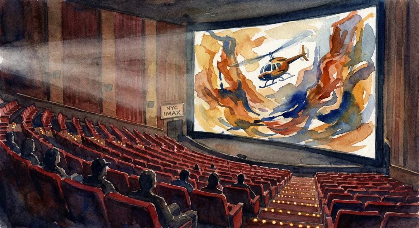 AI-generated watercolor: interior of an IMAX theater auditorium in NYC, the massive 80-foot screen showing a stylized abstract scene of a helicopter chase rendered as warm ochre and deep cobalt impressionistic shapes, the steeply raked rows of red velvet seats receding in one-point perspective, eight or ten audience members as pure dark silhouettes seated in the front rows, soft warm aisle lighting along the floor as small ochre glow dots, dramatic atmospheric haze from the projection