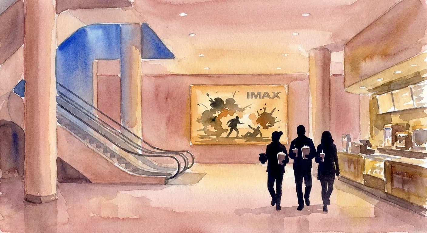 AI-generated watercolor: the second-floor lobby of the AMC Lincoln Square cinema in NYC with the concessions stand on the right rendered impressionistically, a large warm ochre IMAX poster display visible on the back wall featuring abstract silhouetted action movie imagery, three or four moviegoers as pure dark silhouettes carrying popcorn and drinks, the curved escalator visible to the left ascending into a warm cobalt glow, dusty pink interior lighting