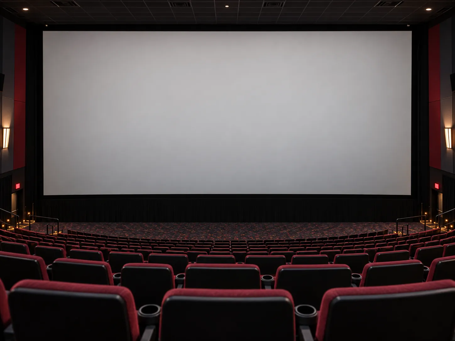 Enormous cinema auditorium from a mid-row seat, a vast blank screen filling the field of view above steeply raked seating