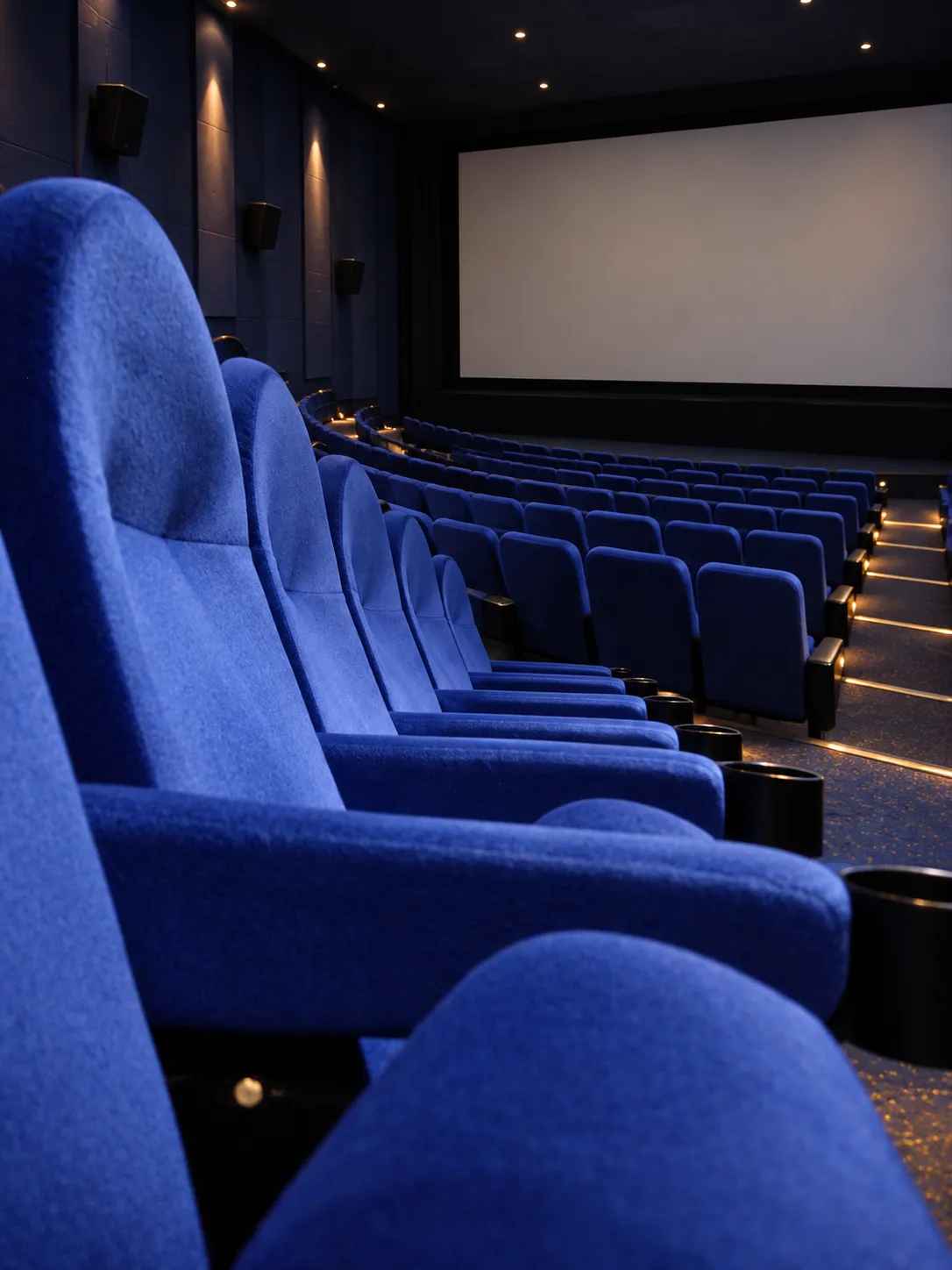 Large cinema auditorium from a rear corner with long curved rows descending toward a blank wide screen and step lighting along the aisles