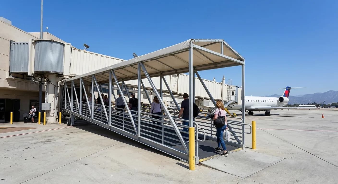 Open-air jet bridge at Hollywood Burbank Airport with covered walkway leading to aircraft