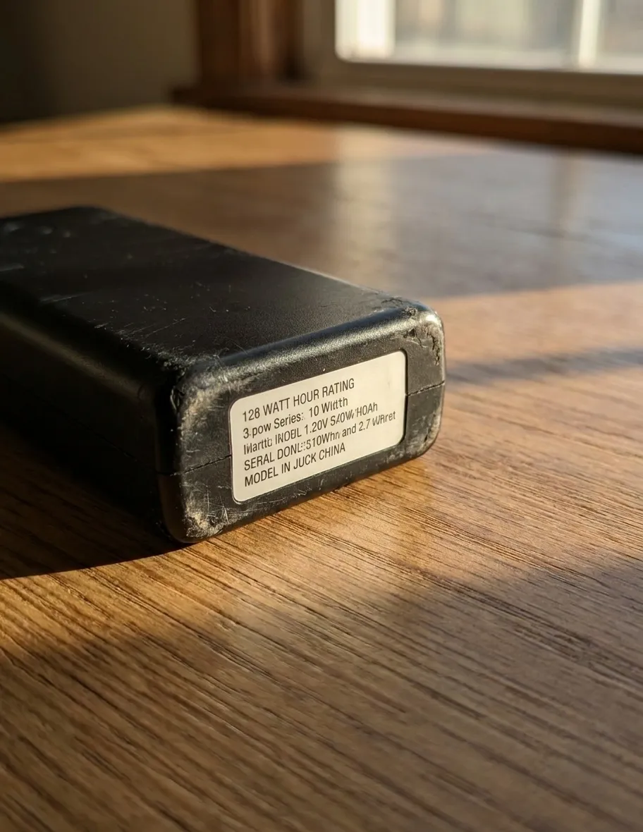 Portable power bank lying on a wooden surface showing watt-hour rating label on its base