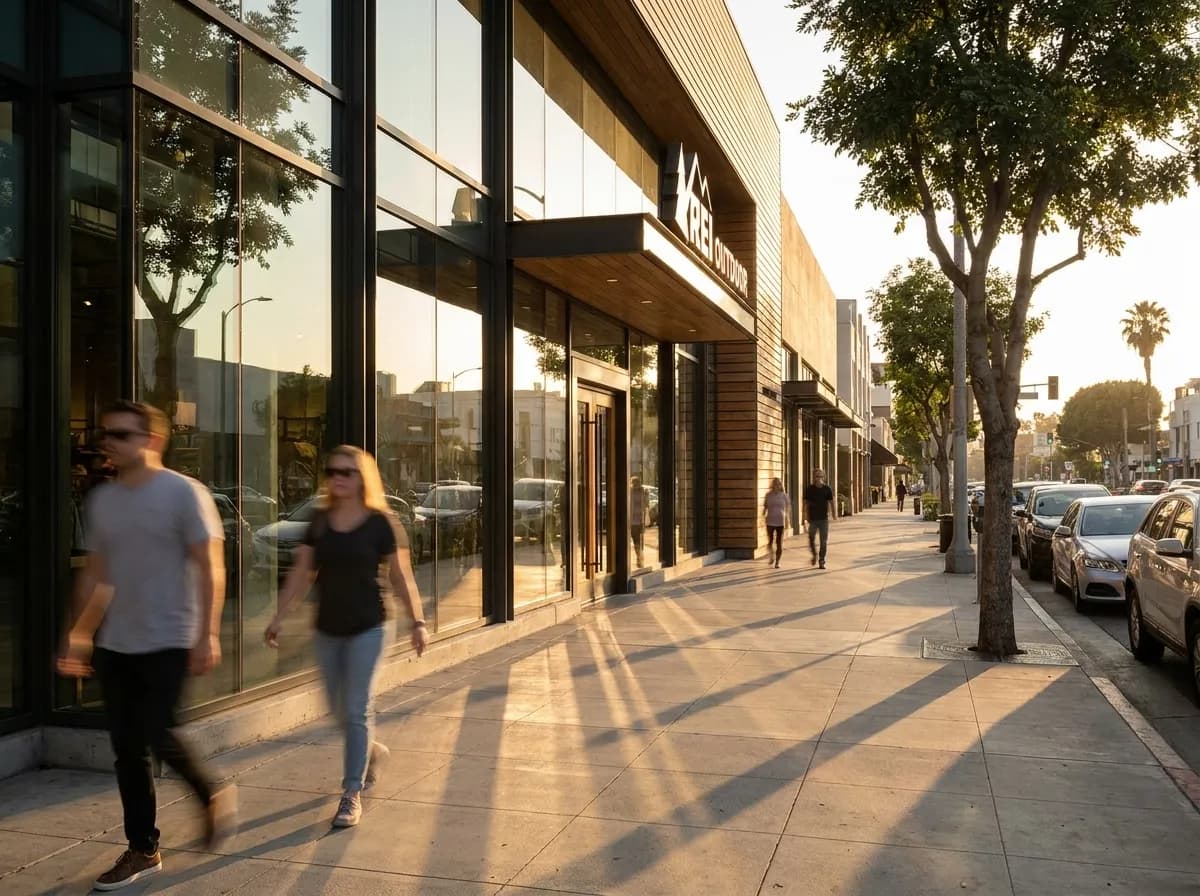 REI outdoor retail store exterior on Wilshire Boulevard in Santa Monica with glass entrance and signage