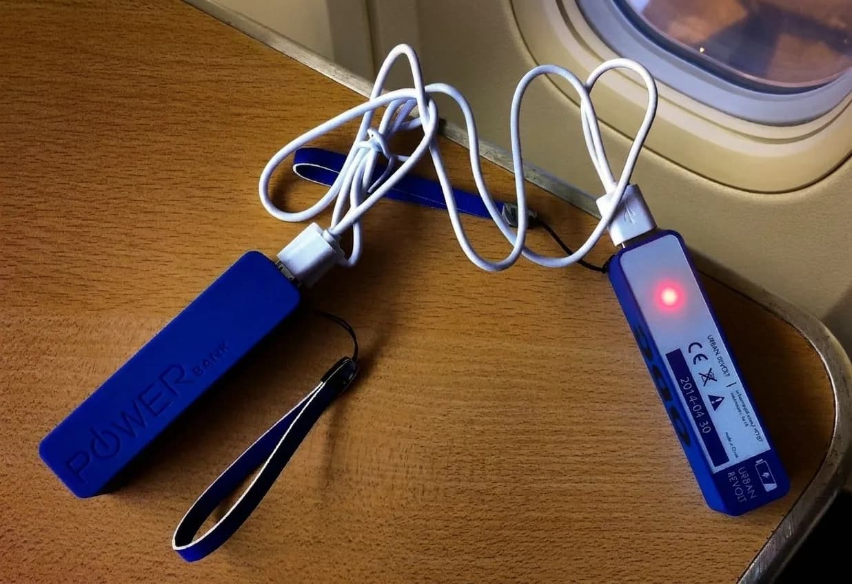 Portable lithium-ion power bank and charging cable on airport tray table
