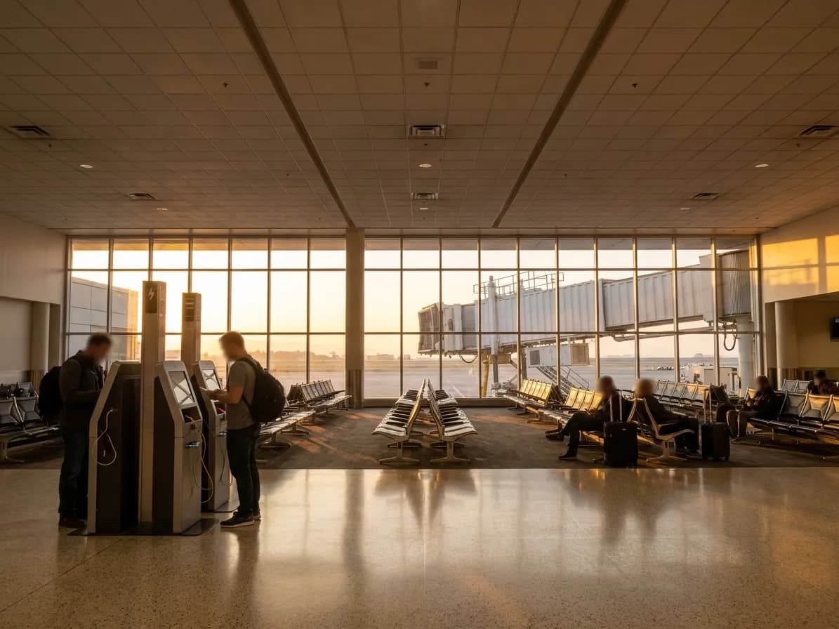 San Francisco International Airport terminal gate seating area with charging stations and jet bridge